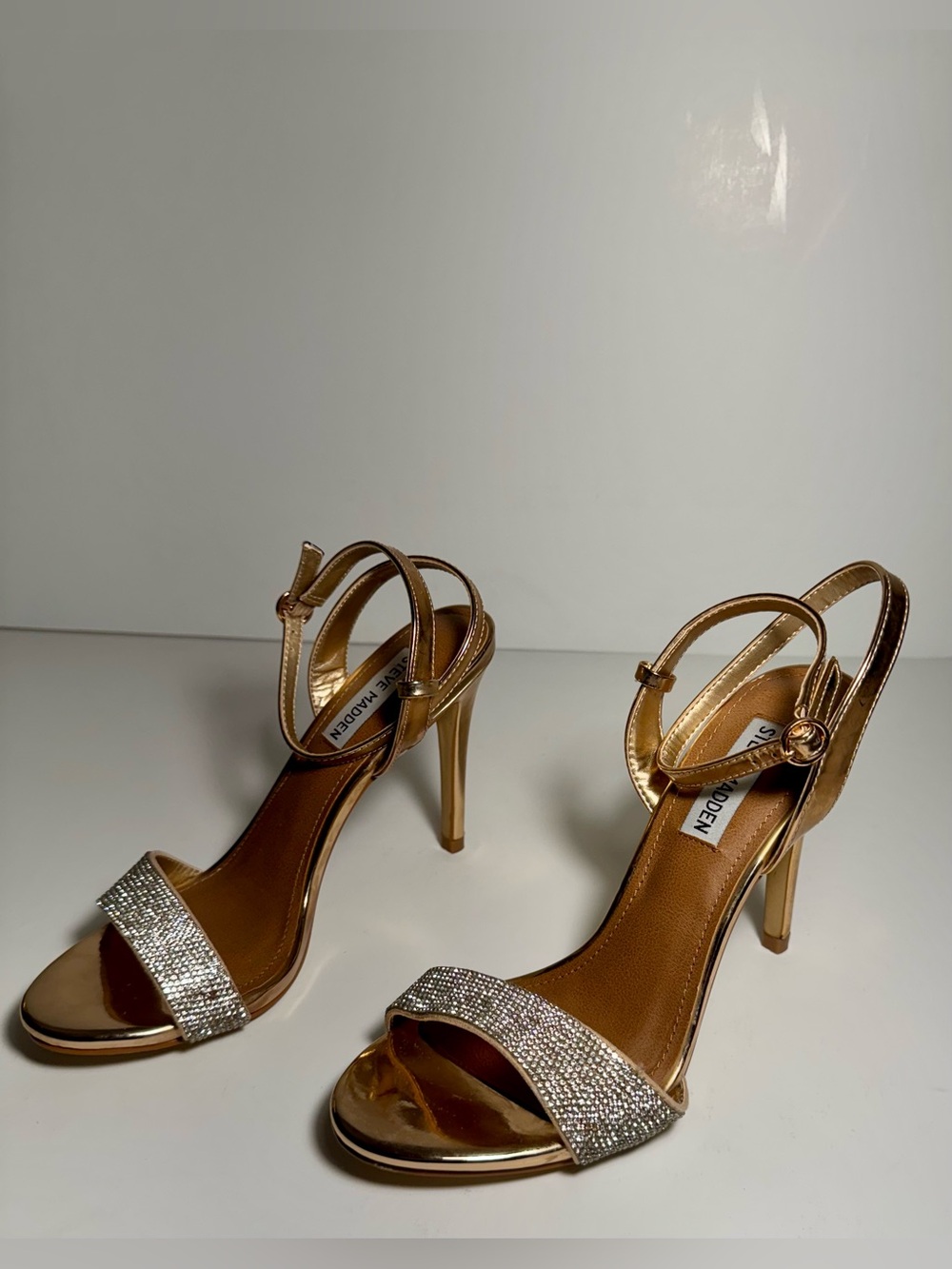Steve Madden Metallic Gold Rhinestone Strap 4” High Heels